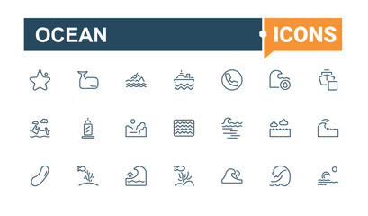 Set of Ocean line icons. Contains related to life, marine, tourism, nautical, wave and more. Simple icon designs. Minimalist editable vector stroke.