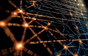 Futuristic digital network with glowing data connections and AI text
