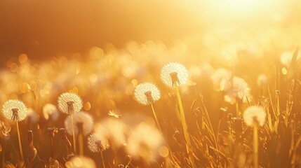 Fototapeta premium Dandelion field bathed in golden light, embodying hope and new beginnings. Ideal for nature, spring, inspirational, and wellness content.