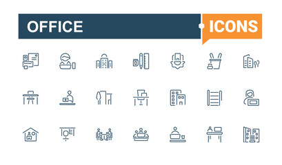 Office modern icon. Included icons as leader, tea, businessman, meeting, table and more. Set of line pictogram. Editable stroke icon collections.
