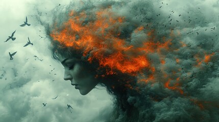 Fiery Woman in Smoky Clouds