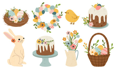 Easter set with painted eggs, rabbits, chickens, flowers, cakes. Easter and spring elements. Vector illustration. 