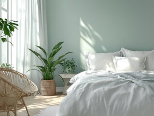 A bright and airy bedroom with plants and natural light