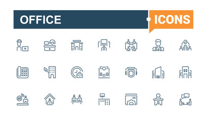 Office modern icon. Included icons as leader, tea, businessman, meeting, table and more. Set of line pictogram. Editable stroke icon collections.