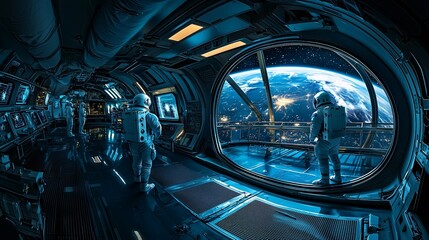 Astronauts observing earth from futuristic space station interior. Generative ai illustrations