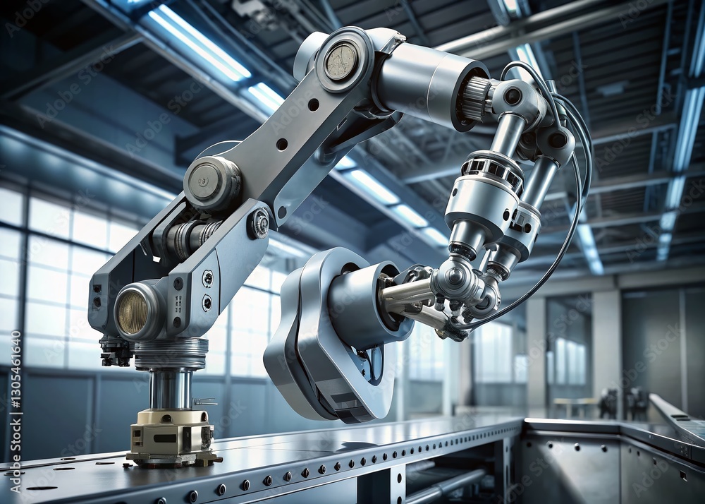 Poster industrial robot arm with articulated fingers performing precision automation task