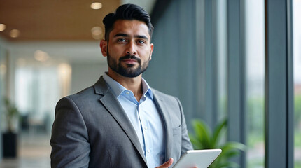 Fototapeta premium Confident Young Businessman Holding Tablet Professional, Success, Corporate Leadership, Business man, suit Business man, Generative ai