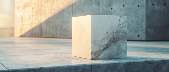 A solitary marble cube basks in the interplay of light and shadow on modern concrete tiles, representing serenity, balance, and geometric purity.