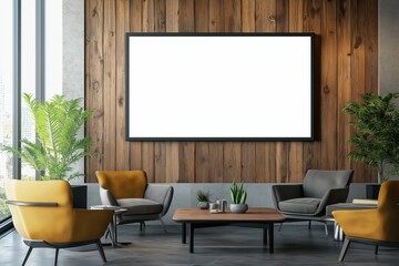 Blank horizontal billboard displayed prominently on an elegant feature wall in a contemporary executive office with luxurious wooden accents