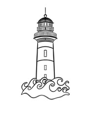 Line Art Free Hand Lighthouse and the sea wave