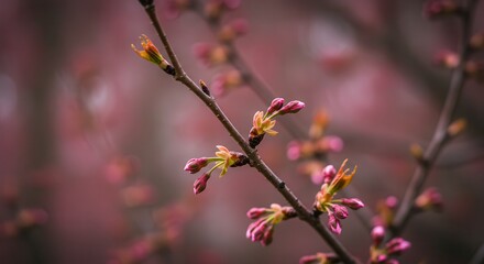 Cherry Blossom Branch Featuring Emerging Buds Heralding Spring Season Growth