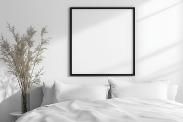 Minimalist vertical poster mockup framed above a soft white bed with gentle natural light creating a serene and calming atmosphere in a neutral-toned bedroom setting