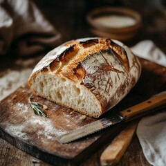 A half loaf of rustic bread with a crisp crust sits on a wooden board. A knife lies beside it, ready to slice. A sprig of rosemary adds a fresh aromatic touch, enhancing the artisanal baking feel