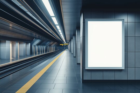 Blank white poster displayed in modern subway station featuring sleek metallic finishes and artificial lighting, ideal for design mockups in urban settings
