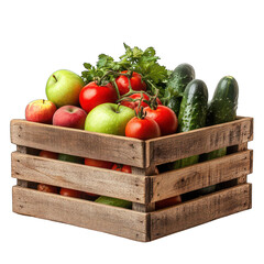 A rustic wooden crate filled with fresh produce, including apples, tomatoes, and cucumbers, isolated on white background.