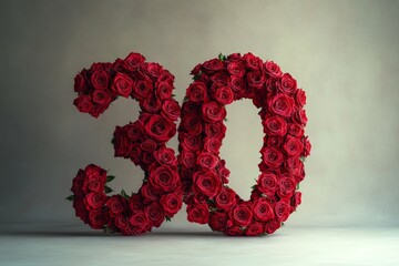 Number 30 made of red roses is standing on a wooden floor celebrating a thirtieth anniversary or birthday