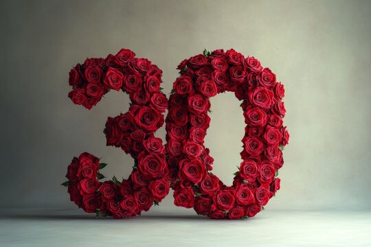 Number 30 made of red roses is standing on a wooden floor celebrating a thirtieth anniversary or birthday