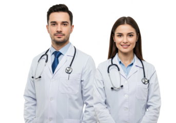 A professional male and female doctor standing side by side both wearing white lab coats with stethoscopes isolated on transparent background