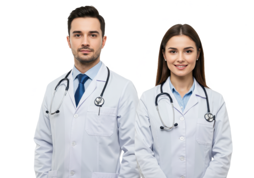 A professional male and female doctor standing side by side both wearing white lab coats with stethoscopes isolated on transparent background