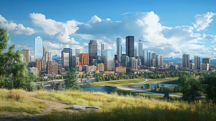 Obraz premium A Serene Panorama of a Modern City Nestled Amidst Lush Landscapes. of excellence in splendor