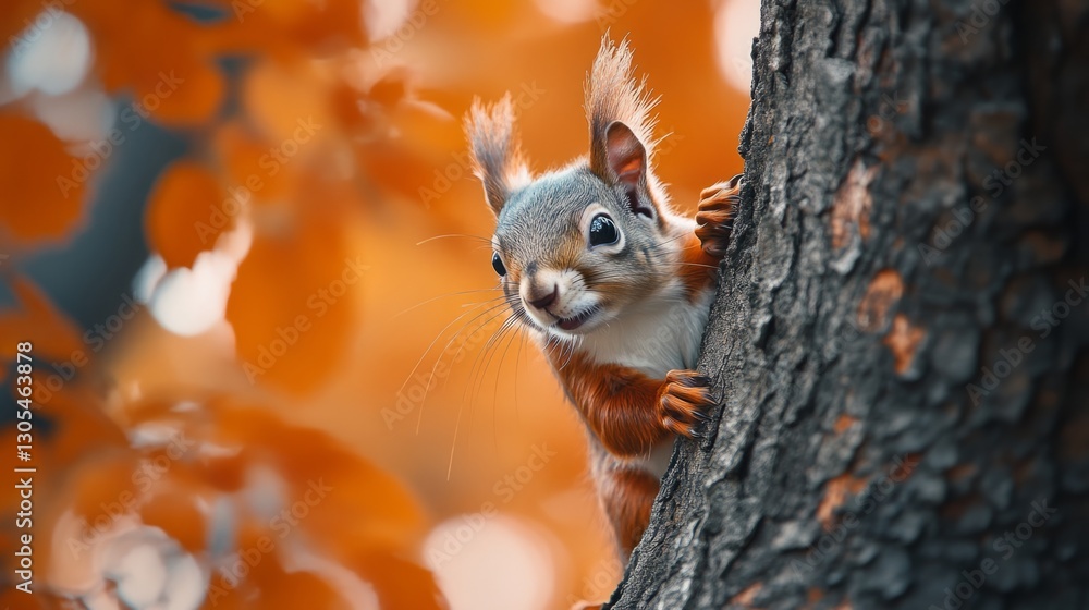 Poster red squirrel peeking from behind a tree trunk in a colorful autumn forest