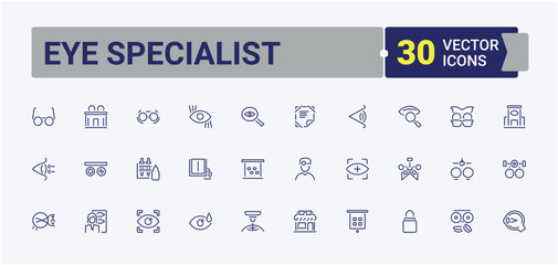 Eye Specialist vector icon set. Containing man, eyesight, look, magnifier, eye, contact, medical and more. Icons for design. Editable stroke. Vector collection.