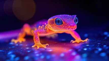 Colorful gecko in neon light captivating wildlife photography indoor setting close-up view artistic vision
