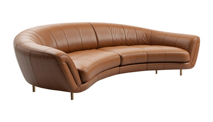 Fototapeta premium Modern Curved Leather Sofa with Brass Legs Isolated on Transparent Background