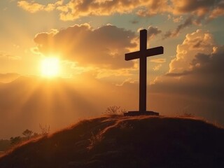 a silhouette of a cross on a hill during sunset. The sky is filled with clouds, and the sun's rays create a dramatic and serene atmosphere. The cross stands prominently, symbolizing faith.