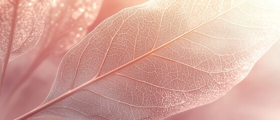 Obraz premium A delicate leaf with intricate veins sparkles in soft, warm light, conveying tranquility and the beauty of nature's design.