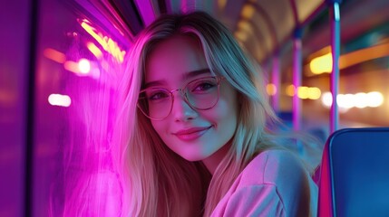 Smiling woman on bus, vibrant neon lights
