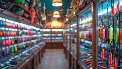 Vibrant display of fishing lures in a well-organized tackle shop during daylight
