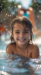 Obraz premium Happy child splashing water in summer pool during bright sunny day with playful background activities
