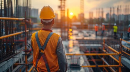 Workers at a construction site observe the sunset while preparing for the next phase of their project in an urban setting