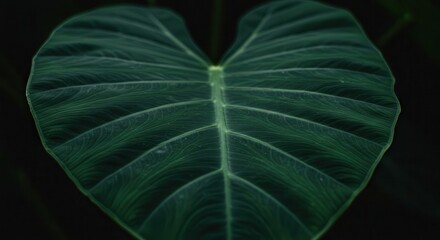 Close-up of Lush Green Elephant Ear Leaf on Dark Background