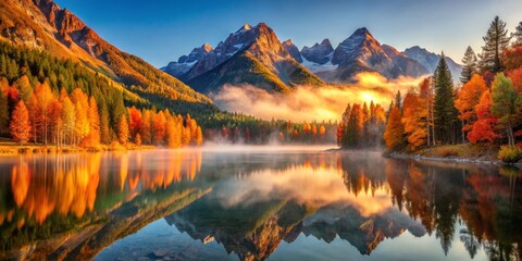 Obraz premium Serene Autumn Dawn Majestic Mountain Peaks Mirrored in a Calm Lake, Flanked by Vibrant Fall Foliage, Bathed in Golden Sunlight