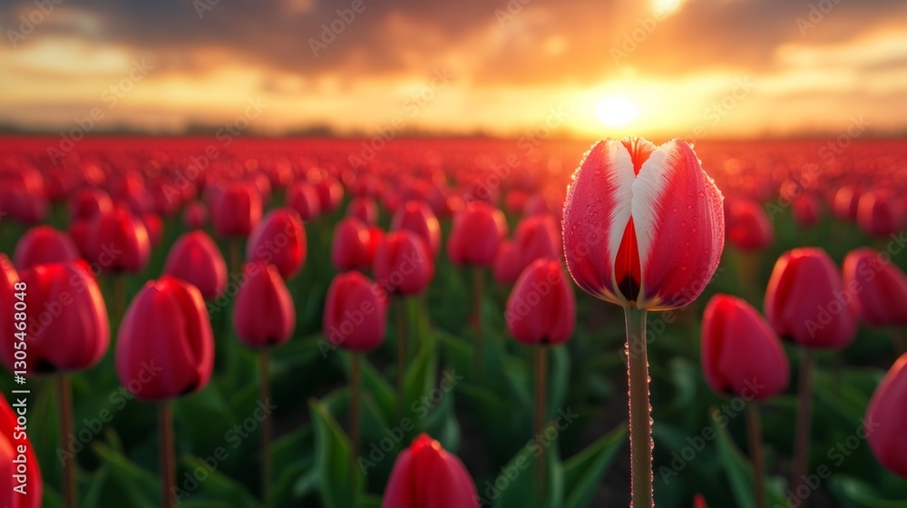 Poster single red and white tulip with water drops illuminated by setting sun standing out from field of re