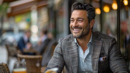 Obraz premium Smiling man enjoys coffee at a busy outdoor cafe while surrounded by joyful people on a sunny day