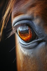 Naklejka premium Extreme close-up of a chestnut horse's brown eye, highlighting its long eyelashes and the warm tones of its coat