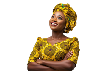 A confident and happy African woman wearing a vibrant yellow patterned dress isolated on transparent background