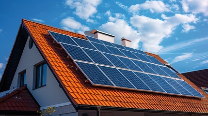 Fototapeta premium Solar panels installed on a modern house roof under a clear blue sky in an eco-friendly neighborhood