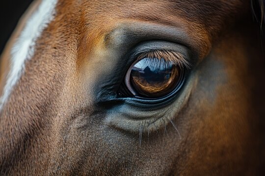 Close-up of a chestnut horse showing its beautiful brown eye and long eyelashes