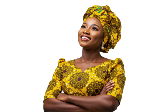 A confident and happy African woman wearing a vibrant yellow patterned dress isolated on transparent background