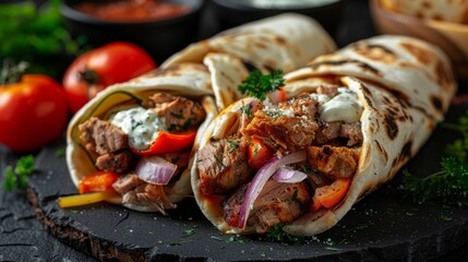 Delicious wraps filled with grilled meat and fresh vegetables on a rustic wooden surface