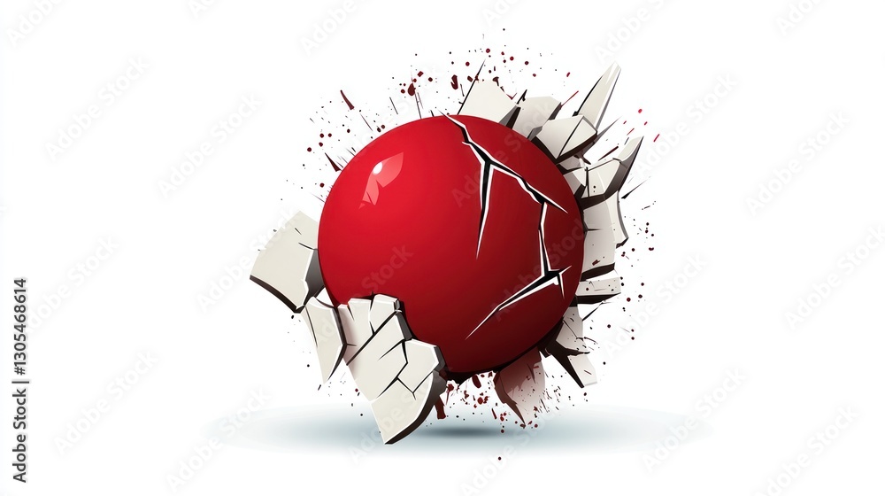 Poster red sphere breaking through white surface, dynamic abstract design, possible use for game cover or w