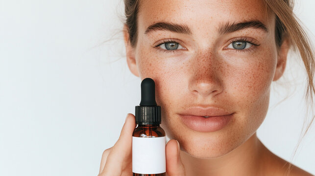 Mujer joven de piel clara con pecas sosteniendo un frasco de suero cosm&eacute;tico con gotero en un fondo blanco.

