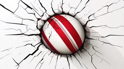 Cricket ball shattering wall, powerful impact, sports illustration, background cracks