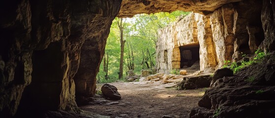 A sunlit forest cave entrance reveals a woodland path, inviting exploration and discovery amid ancient stone walls and lush greenery.