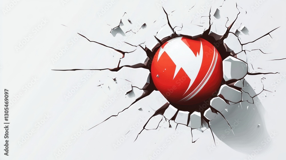Poster red sphere breaking through white wall. powerful impact. possible use stock photo for design element