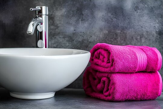 A loft-style bathroom featuring a dark countertop, modern sink, and vibrant pink towels for a stylish look.